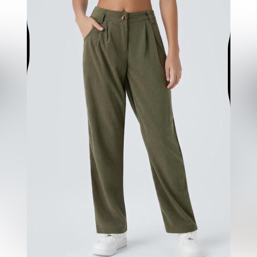 HALARA NWT Icy Bamboo Olive Green High-Rise Wide Leg Corduroy Pants Small